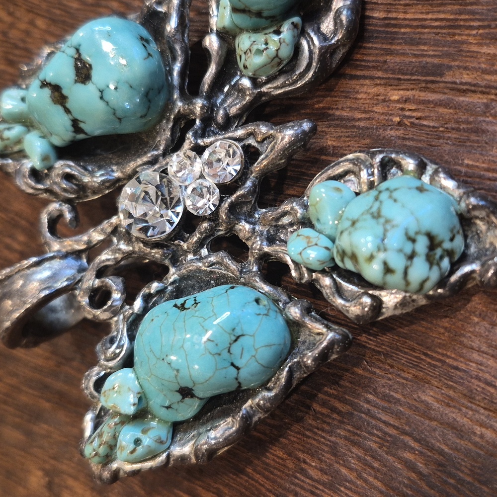 Vtg Turquoise & Rhinestone Embellished Silver Tone Butterfly Necklace Pendant - Picture 2 of 9